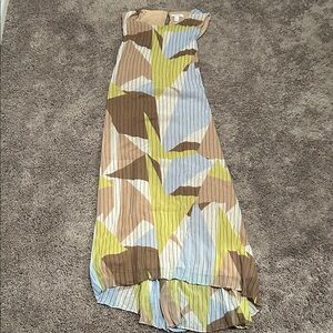 Nine West Abstract Pleated Midi Dress in Brown, Green, and Blue